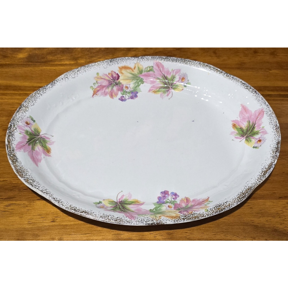 Antique Sevres Porcelain Oval Platter - Pink Leaves & Gold Rim - Fleur De Lis Ma